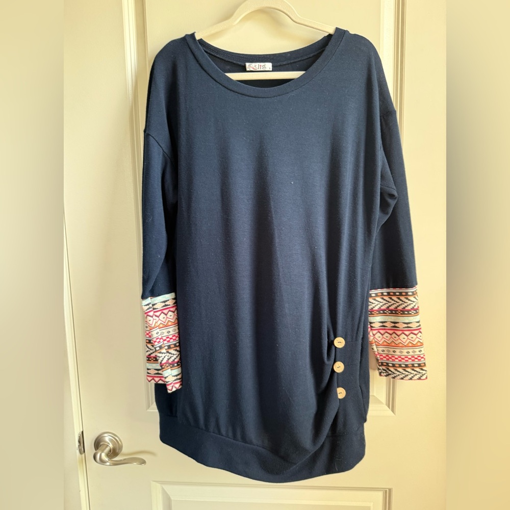 Slig Navy Long Sleeved Shirt with Patterned Sleeves & Button Detail Size XL